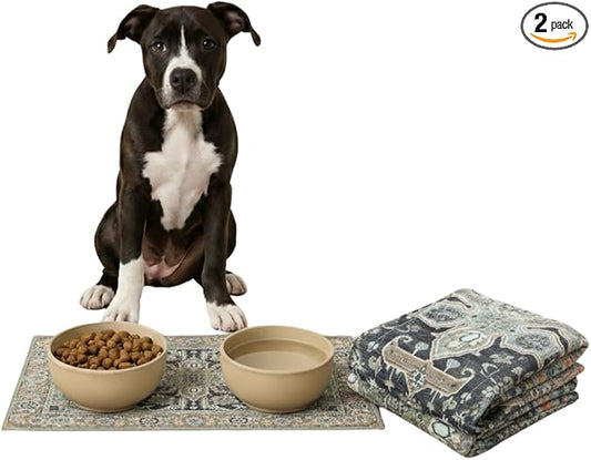 Lovewag Pets Waterproof 2-Pack Pet Feeding Mats - 16" x 24" Premium Cat & Dog Food Mat - Non-Slip, Machine Washable Food Mat Protects Floors & Contains Water Bowl Spills - Pet Place Mats (Sage Forest)