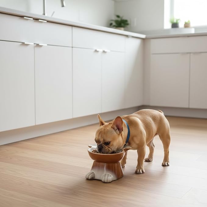 Nihow Elevated Ceramic Dog Bowls: 6.5 Inch Raised Dog Bowl for Food & Water - Food Safe Bowl for Medium/Small Size Dogs - Brown Puppy Bowls for Protecting Pet's Spine（1 PC）