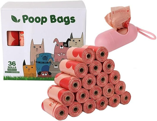 540 Biodegradable Pet Poop Bags (36 Rolls) - 9x13 Inch XL Cat Print Waste Bags for Dogs & Cats - Leak-Proof, Ultra-Thick, Scented with Leash Dispenser & Carabiner Clip, Pink