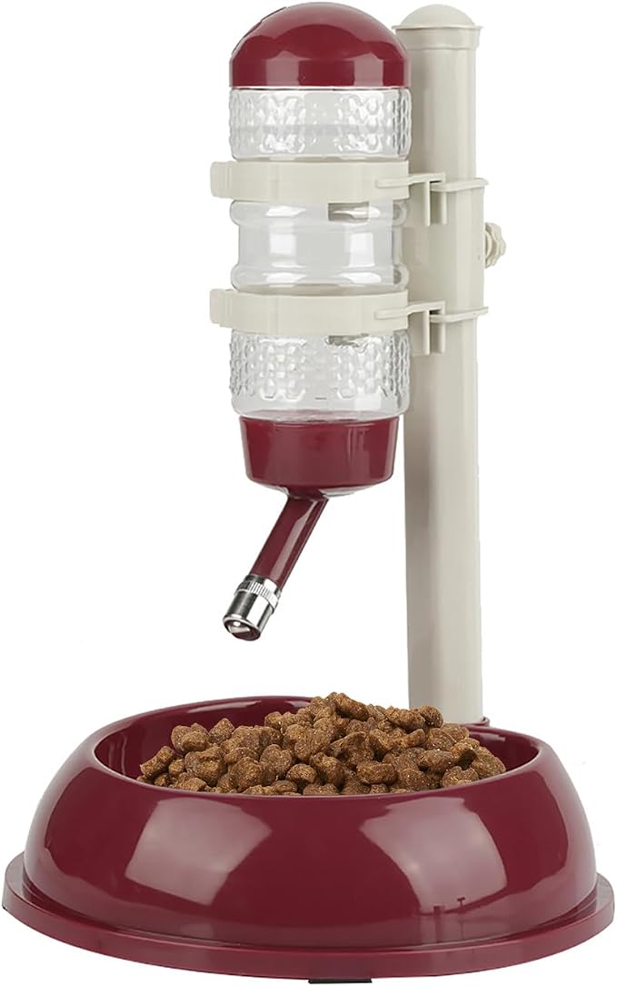 Adjustable No Drip Pet Water Dispenser, Portable Dog & Cat Water Bottle Stand with 500ml Bottle Food Bowl Leak Proof Stainless Steel Ball Dispenser for Travel Camping Indoor Use (Brown)