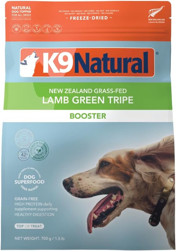K9 Natural Freeze Dried Dog Food Topper with Verified Ingredients, Organ Meat Blend for Digestive Support, Human-Grade Freeze Dried Puppy Food & Dog Topping, Lamb Green Tripe, 1.5lbs