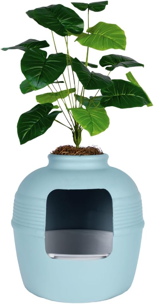 Good Pet Stuff Original Hidden Litter Box Planter, Decorative Cat Litter Enclosure, Carbon Filter, Faux Plant, Round Design, Easy Clean Litter Tray, Essentials Kit, Broad Leaf Plant, Coastal Blue