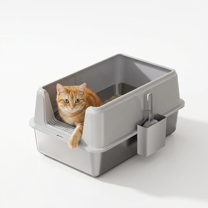 Stainless Steel Cat Litter Box, XL Enclosed Metal Litter Box with Lid & Side Litters Filter, Anti-Leak Non-Stick Design, Includes Scoop for Large Cats 8'' Deep Grey
