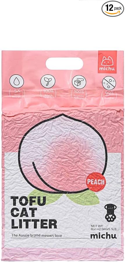 Michu Tofu Cat Litter Natural Clumping Tofu Cat Litter, Fast Clumping and Easily Scoop-able 5.5lb/88oz 5 Scents - Peach, 12 Pack
