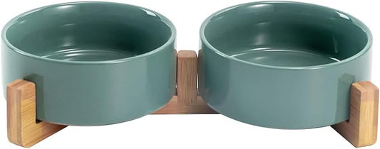 SPUNKYJUNKY Ceramic Dog and Cat Bowl Set with Wooden Stand, Modern Cute Weighted Food Water Set for Small Size Dogs (13.5OZ) & Medium Sized Dogs (28.7OZ) & Cats (1.7 Cups, 2 × Light Green)