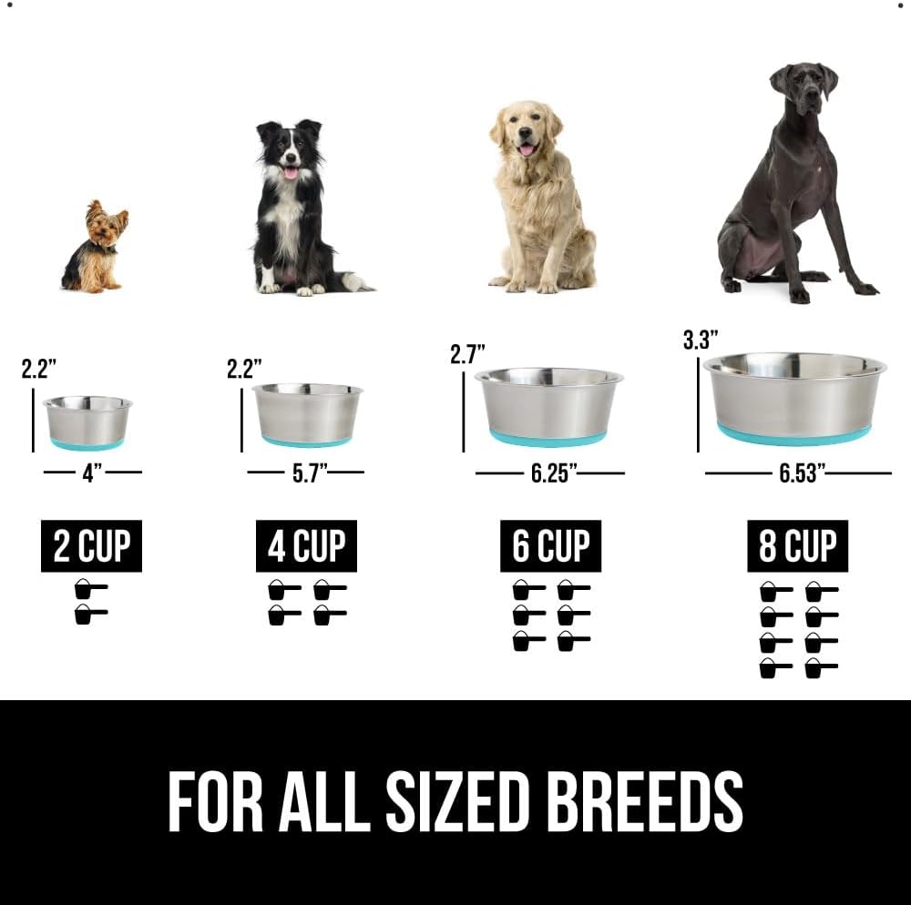 GORILLA GRIP Set of 2 Dog Bowls, Holds 6 Cups (48 fl oz), Heavy Duty Metal Food and Water Bowl for Feeding Dogs and Cats, Dishwasher Safe Rust Resistant Stainless Steel, BPA Free Rubber Base Turquoise