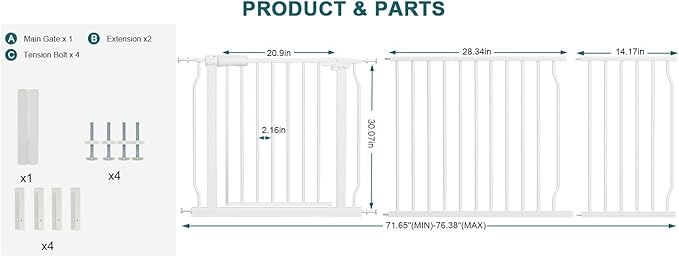 Baby Gates Extra Wide 71.65-76.38 Inch Large Baby Gates for Stairs Tension Pet Dog Gates Indoor for Doorways, No Drilling Pressure Mounted Pet Gates for Kids