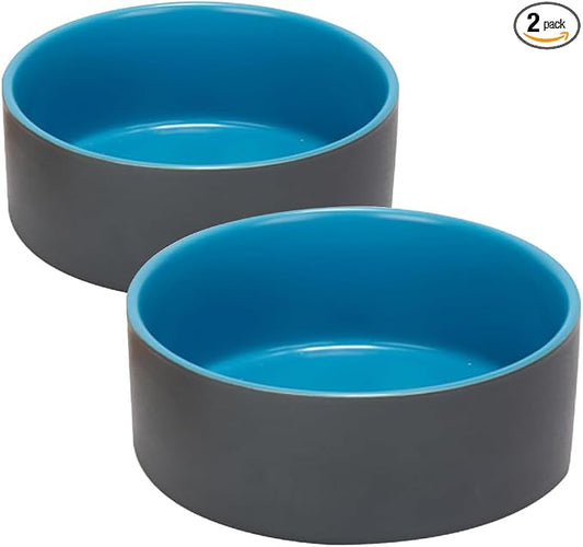SPUNKYJUNKY 13.5OZ Ceramic Dog and Cat Bowl, Modern Cute Weighted Food Water Bowl for Replacement Blue-Grey (2 Pack)