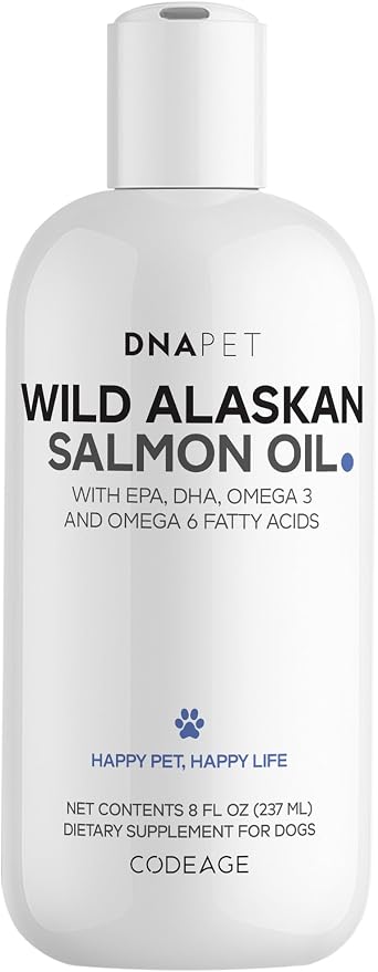 DNA PET Wild Alaskan Salmon Oil for Dogs - EPA, DHA, Omega 3 & 6 Fatty Acids for Pets - Liquid Fish Oil Supplement for Dogs - All Breeds - 8 fl oz