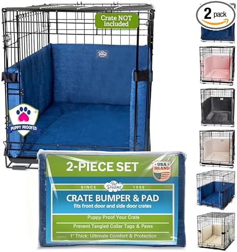 Pet Dreams Dog Crate Bumper & Mat Set- Patented Comfy Liner & Dog Tail Protector for Inside Crate, fits iCrate Cages 18, 24, 30, 36, 42, 48 Inches (Denim, Medium, 30“)