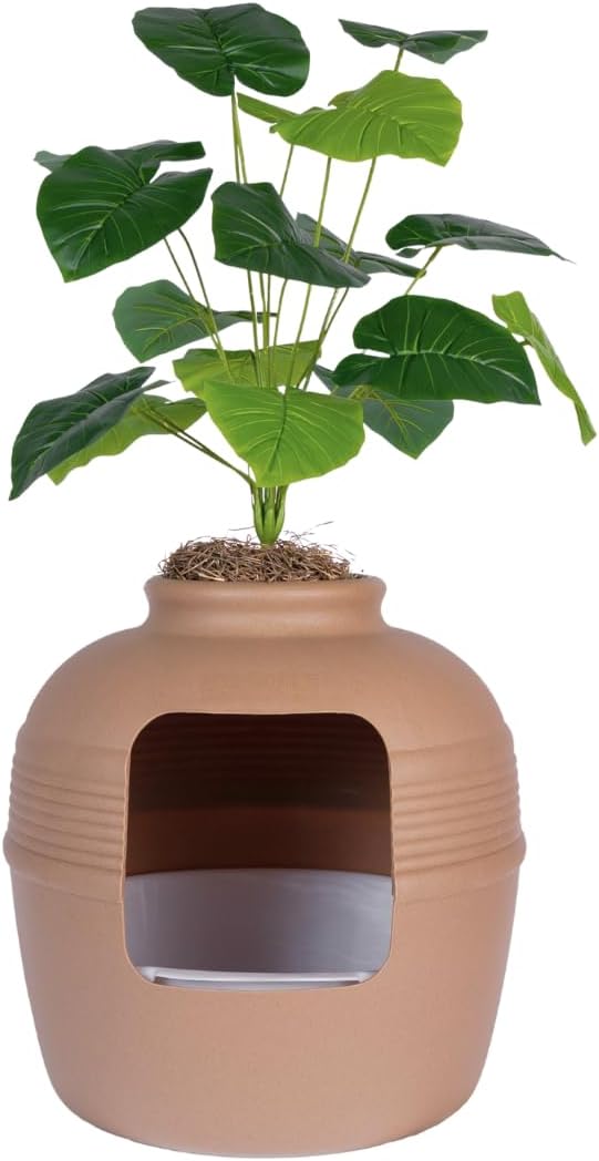Good Pet Stuff Original Hidden Litter Box Planter, Decorative Cat Litter Enclosure, Carbon Filter, Faux Plant, Round Design, Easy Clean Litter Tray, Essentials Kit, Broad Leaf Plant, Terracotta Brown