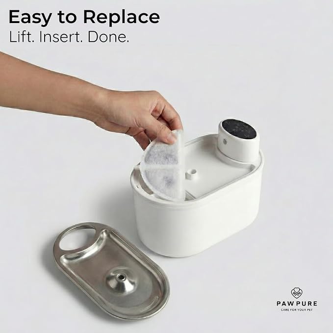Wireless Cat Water Fountain Starter Kit | Fountain + 4 Replacement Filters | 3L/108oz, 30-Day Battery, Stainless Steel Tray - BPA-Free