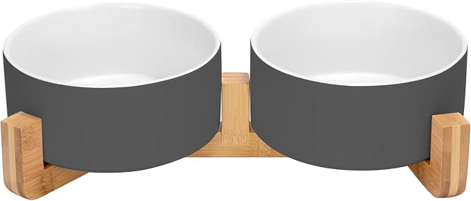 SPUNKYJUNKY Ceramic Dog and Cat Bowl Set with Wooden Stand, Modern Cute Weighted Food Water Set for Small Size Dogs (13.5OZ) & Medium Sized Dogs (28.7OZ) & Cats (3.6 Cups, 2 × White-Grey)