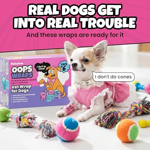 Rubyloo Vet Approved Essential Pet First Aid Kit Supplies to Treat Dogs & Cats in an Emergency with Girl’s 6 Pack of 2 Funny Vet Wrap Bandages for Home, Camping, Car, RV
