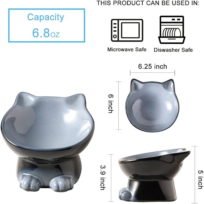 Nihow Elevated Cat/Dog Bowls: 6.25 Inch Ceramic Raised Cat Food & Water Bowl Set for Protecting Pet's Spine - Feeding & Watering Supplies for Cat/Small Size Dog - Elegant Gray (6.8 OZ /1 PC)