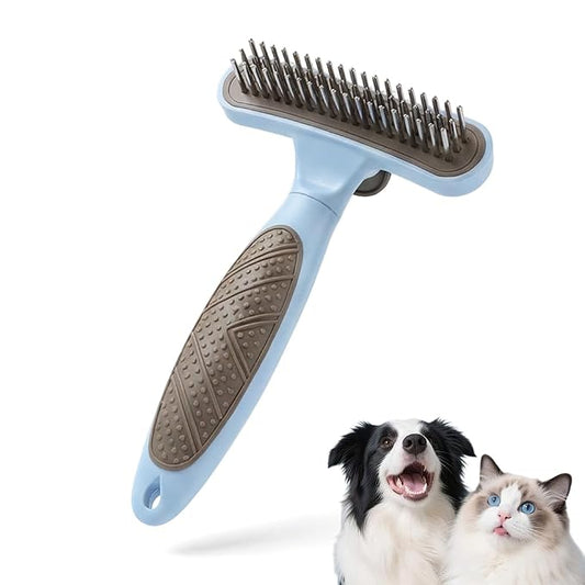 Double Sided Deshedding Dog Brush, 2026 New Undercoat Rake & Dematting Comb for Dogs and Cats, Pet Grooming Brush for Shedding, Stainless Steel Detangling Tool for Long Thick Coats (blue)