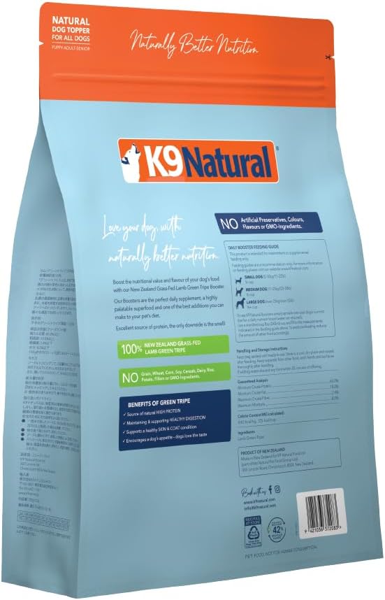 K9 Natural Freeze Dried Dog Food Topper with Verified Ingredients, Organ Meat Blend for Digestive Support, Human-Grade Freeze Dried Puppy Food & Dog Topping, Lamb Green Tripe, 1.5lbs