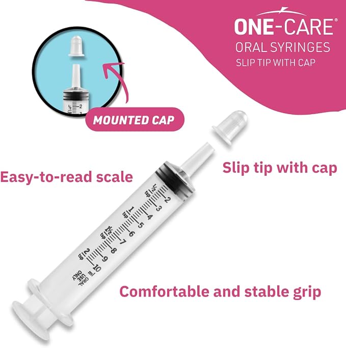Pack of 100, ONE-CARE 10ml Oral Syringe with Cap, Latex-free, 100 Oral Dispensers - 10ml, Prolonged Slip Tip, Uses include oral administration of medicine for infants, adults and animals