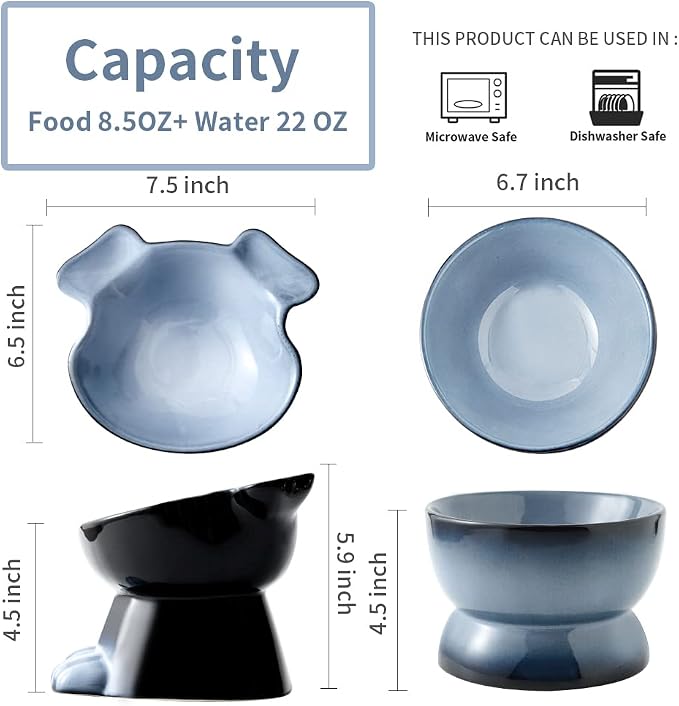 Nihow Dog Food & Water Bowl Set: Elevated Ceramic Bowls for Medium/Small Size Dogs - Food Safe Raised Puppy Bowls - Gray Pet Bowl for Protecting Pet's Spine (Set of 2)