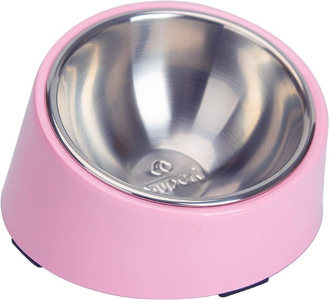 SuperDesign Mess Free 15° Slanted Bowl for Dogs and Cats, Tilted Angle Bulldog Bowl Dog Feeder, Non-Skid & Non-Spill, Easier to Reach Food S/0.5 Cup Pink
