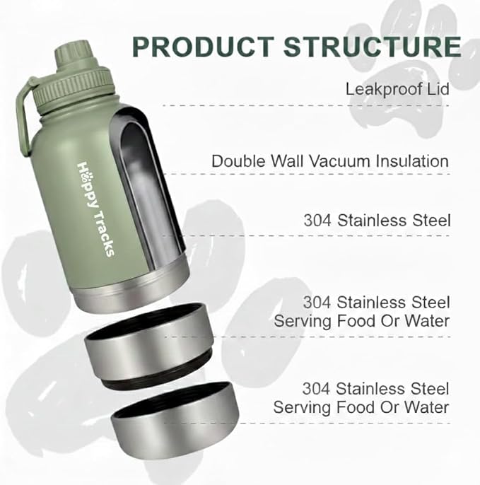 Happy Tracks 32oz Insulated Dog Travel Water Bottle & Feeder – 3-in-1 Stainless Steel Pet Kit with Detachable Food & Water Bowls – Leak-Proof, Keeps Water Cold Up to 12 Hours – SG