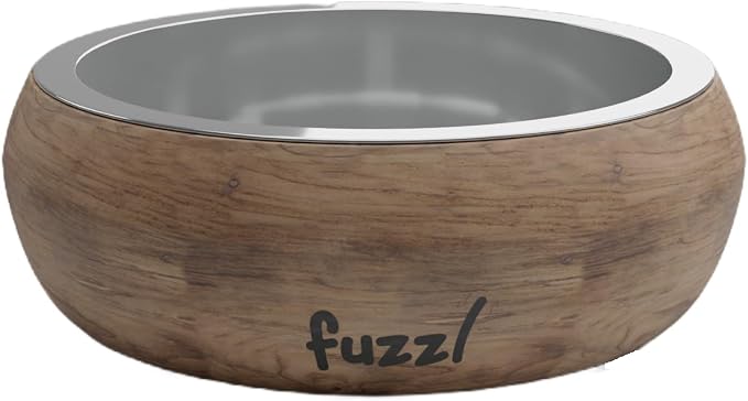 Fuzzl Titan Mango Wood & Stainless Steel Bowl 9.5 Inch Large - Natural Dog Bowl for Indoors and Outdoors with Rubber Base