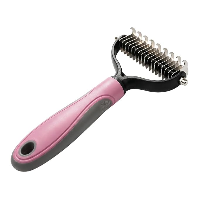 Double Sided Dematting Comb for Cats & Dogs, Undercoat Rake for Small & Large Breeds, Safe Deshedding Grooming Tool for Long Thick Haired Pets, Ergonomic Pet Grooming Brush (Pink, Small)
