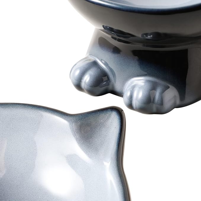 Nihow Elevated Cat/Dog Bowls Set : 6.2 Inch Ceramic Raised Cat Food & Water Bowl Set for Protecting Pet's Spine - Feeding & Watering Supplies for Cat/Small Size Dog - Elegant Gray(2PC)