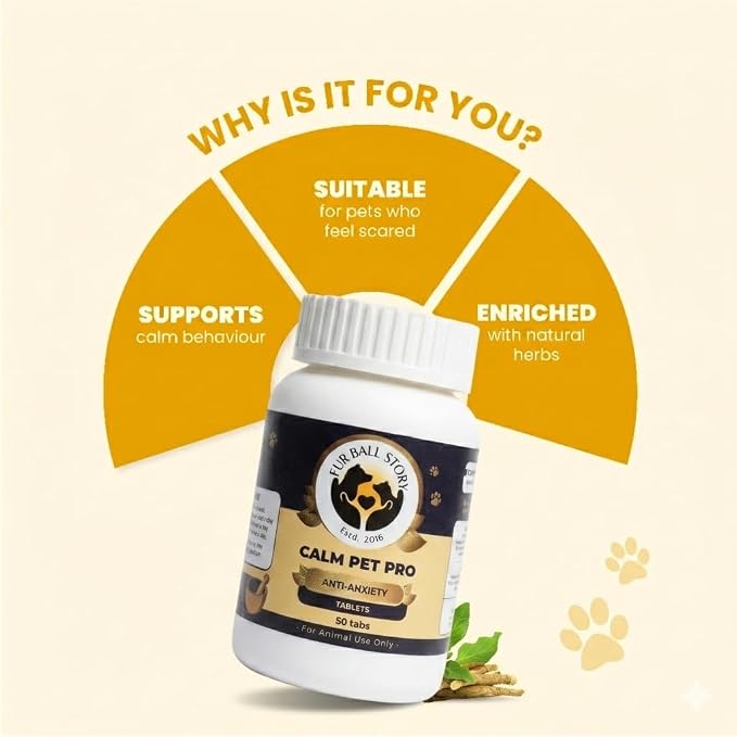Fur Ball Story Calm Pet Pro - Calming Supplement for Dogs & Cats | Supports Relaxed Mood | Banana-Vanilla Flavour (50 Tablets)