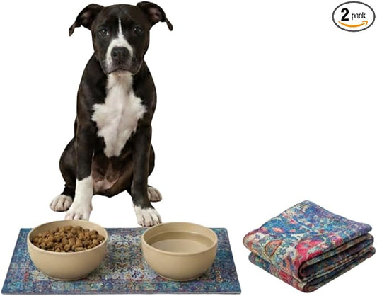 Lovewag Pets Waterproof 2-Pack Pet Feeding Mats - 16" x 24" Premium Cat & Dog Food Mat - Non-Slip, Machine Washable Food Mat Protects Floors & Contains Water Bowl Spills - Place Mats (Bohemian Jewel)