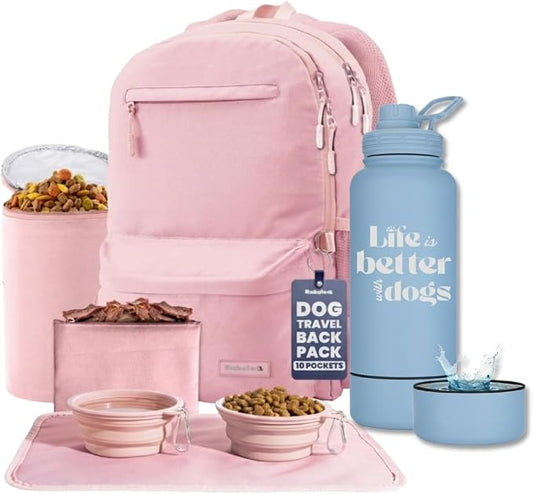 Rubyloo The Original Doggy Bag Backpack (Dusty Pink) & 32 oz Insulated Water Bottle with Attached 8 oz Bowl (Life is Better with Dogs) – Dog Travel Backpack & Hydration Set
