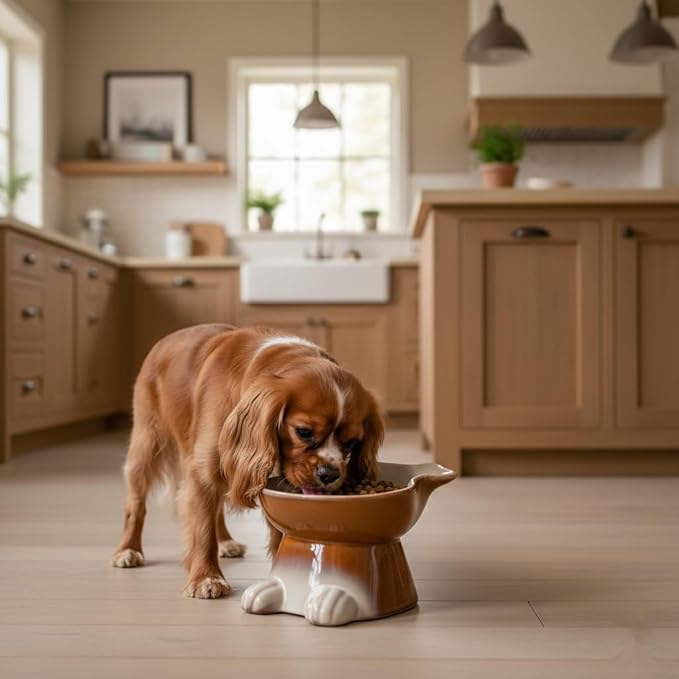 Nihow Elevated Ceramic Dog Bowls: 6.5 Inch Raised Dog Bowl for Food & Water - Food Safe Bowl for Medium/Small Size Dogs - Brown Puppy Bowls for Protecting Pet's Spine（1 PC）