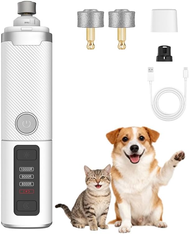 Silent Pet Nail Grinder Pro, Cordless Grooming Pro Nail Grinder with 3 Adjustable Speeds & Led Light, Painless Paws Grooming for Small Medium Large Dogs & Cats(1+2*Replacement Head)