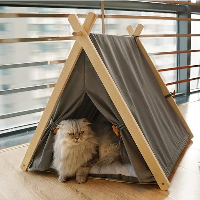Solid Wood Cat Indoor Tent with Thick Mat,Portable Dog House Dog Teepee Tent,Cute Cat Teepee Cave Cat Bed,Dog Bed (Grey)