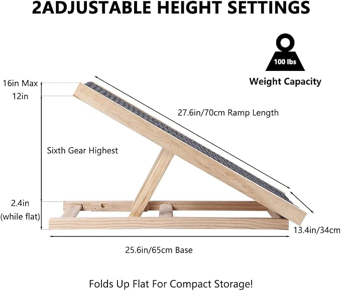 Dog Ramps for High Bed, Foldable Small to Large Dog Ramp with Non-Slip Pad for Sofa, Adjustable Height from 12'' to 16", Portable Pet Ramp to Get on Bed