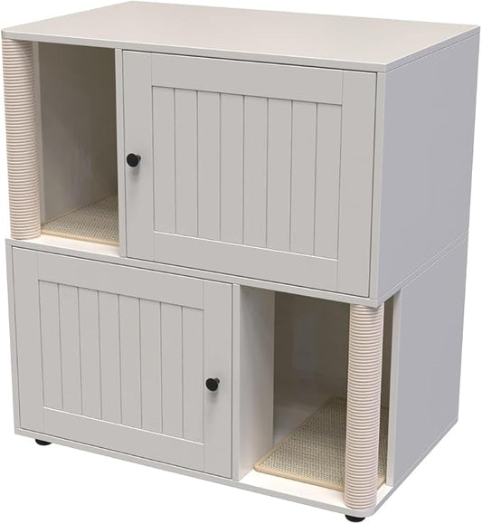 2 Tier Cat Washroom,Modern Farmhouse Double Cat Litter Box Enclosure Furniture,Hidden Cabinet with 2 Scratch Mats & Post, Multi-Functional End Side Table for 2 Cats, Odor-Control Wooden Washroom Cabin