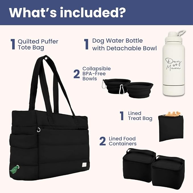 Rubyloo Dog Mom Essentials Bundle - Puffer Tote with Storage Containers (Black) and 32 oz Water Bottle with Detachable Bowl (Dog Mom) - Travel Bag and Hydration Set