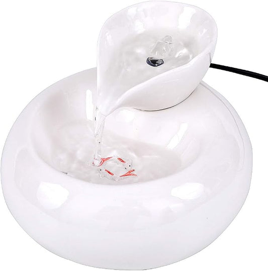 Ceramic Cat Drinking Water Fountain, 1.3 Liters Pet Water Fountains for Cats and Dogs, Electric Pet Water Dispenser with Quiet Pump and 5 Replacement Filters - White Leaf Style