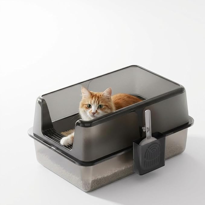 Stainless Steel Cat Litter Box, XL Enclosed Metal Litter Box with Lid & Side Litters Filter, Anti-Leak Non-Stick Design, Includes Scoop for Large Cats 8'' Deep Black
