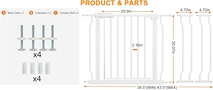 Wide Baby Gate for Stairs, Doorways, Hallways - Pressure Mounted - Walk Through - Dogs & Kids Gates - 38.5 to 43.5 Inch Wide