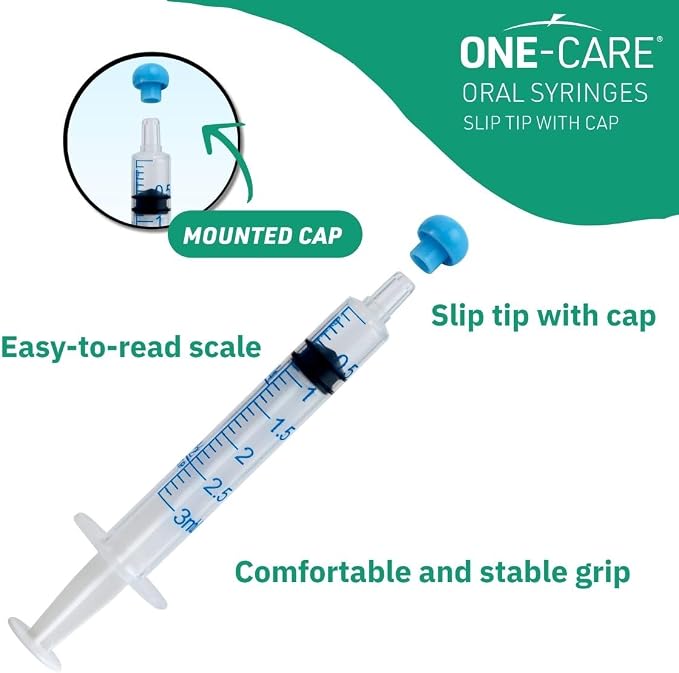 ONE-CARE 3ml Oral Syringe with Cap - Sterile, Individually Wrapped - 100 Syringes, Slip Tip, Uses include oral administration of medicine for infants, adults and animals