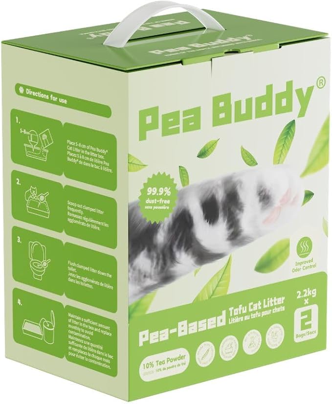 Pea Based Pea Buddy The 10% Blend Tofu Cat Litter, Dust Free, Low Tracking, and Natural Odor Control, Flushable, Natural Ingredients (2 Bags, Tea Powder)