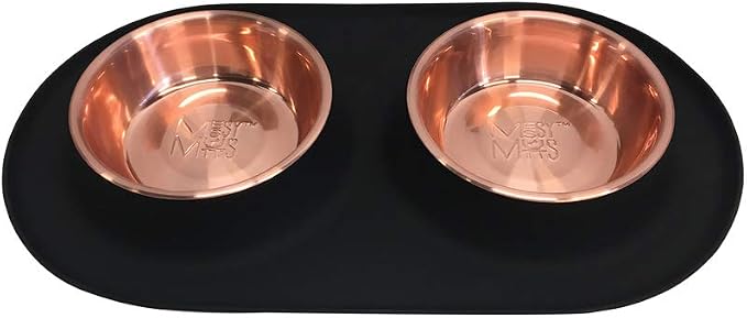 Messy Mutts Double Silicone Feeder with Copper-Colored Stainless Bowls | Non-Skid Food Dishes for Dogs for All Pets | Dog Food Bowls | Medium, 1.5 Cups Per Bowl | Black
