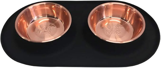 Messy Mutts Double Silicone Feeder with Copper-Colored Stainless Bowls | Non-Skid Food Dishes for Dogs for All Pets | Dog Food Bowls | Medium, 1.5 Cups Per Bowl | Black