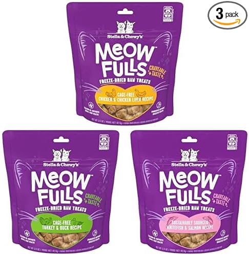 Bundle of Stella & Chewy's Meowfulls Freeze Dried Cat Treats Chicken & Chicken Liver RecipeTurkey & Duck Recipe, Whitefish & Salmon Recipe, 1.5 oz Bag
