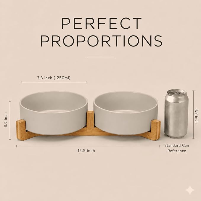 SPUNKYJUNKY Ceramic Dog and Cat Bowl Set with Wooden Stand, Modern Cute Weighted Food Water Bowl Set for Medium to Large Size Dogs (42 OZ, 2 × Grey)