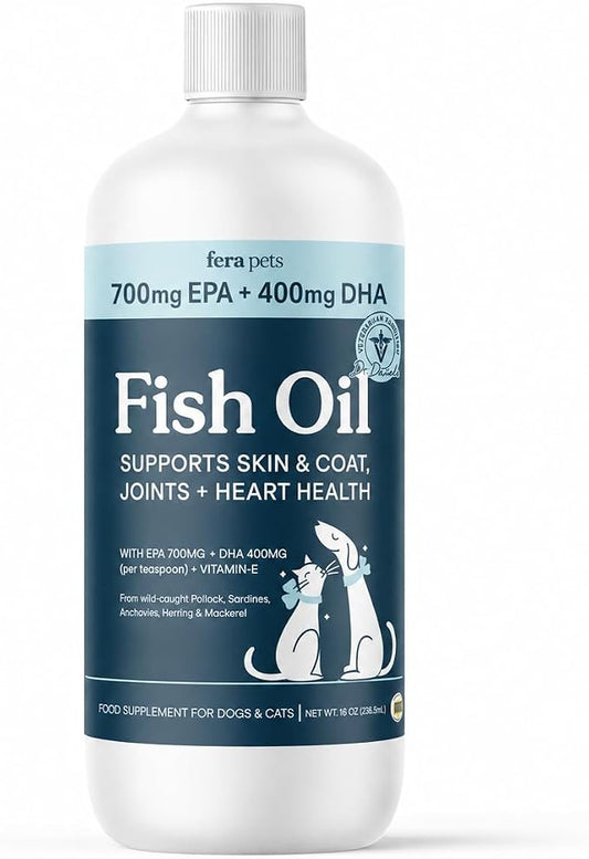 Fera Pets Fish Oil - Omega 3 for Dogs & Cats to Support Joints, Heart, Skin and Coat Health - Non GMO with Vitamin E - 16 oz