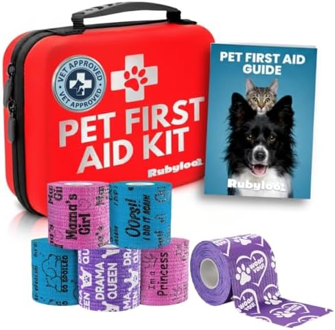 Rubyloo Vet Approved Essential Pet First Aid Kit Supplies to Treat Dogs & Cats in an Emergency with Girl’s 6 Pack of 2 Funny Vet Wrap Bandages for Home, Camping, Car, RV