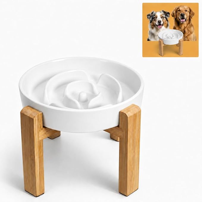 Elevated Slow Feeder Dog Bowl Large Breed, 8.8 Inch Ceramic Slow Eating Bowl with Screw-Assembled Bamboo Stand, Anti-Choking Raised Maze Design for Medium to Large Dogs, 3.2 Cup, White
