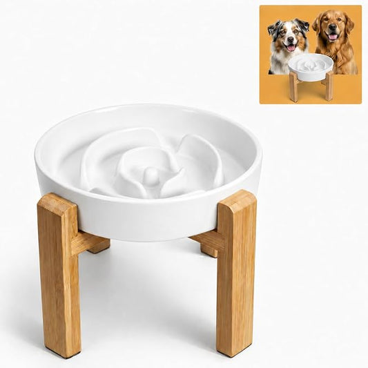 Elevated Slow Feeder Dog Bowl Large Breed, 8.8 Inch Ceramic Slow Eating Bowl with Screw-Assembled Bamboo Stand, Anti-Choking Raised Maze Design for Medium to Large Dogs, 3.2 Cup, White